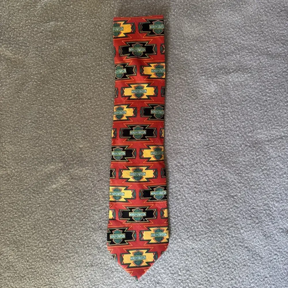 Harley Davidson Silk Tie Red Yellow Black Thunderbird Logo Necktie Y2k USA Gift